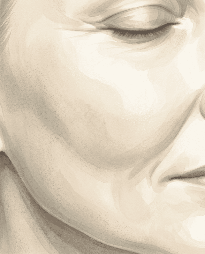 Watercolour illustration of the cheek of mature skin.