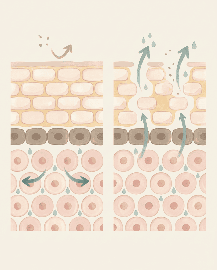 Illustration comparing a healthy skin barrier that holds moisture in with a weakened barrier that lets moisture escape.